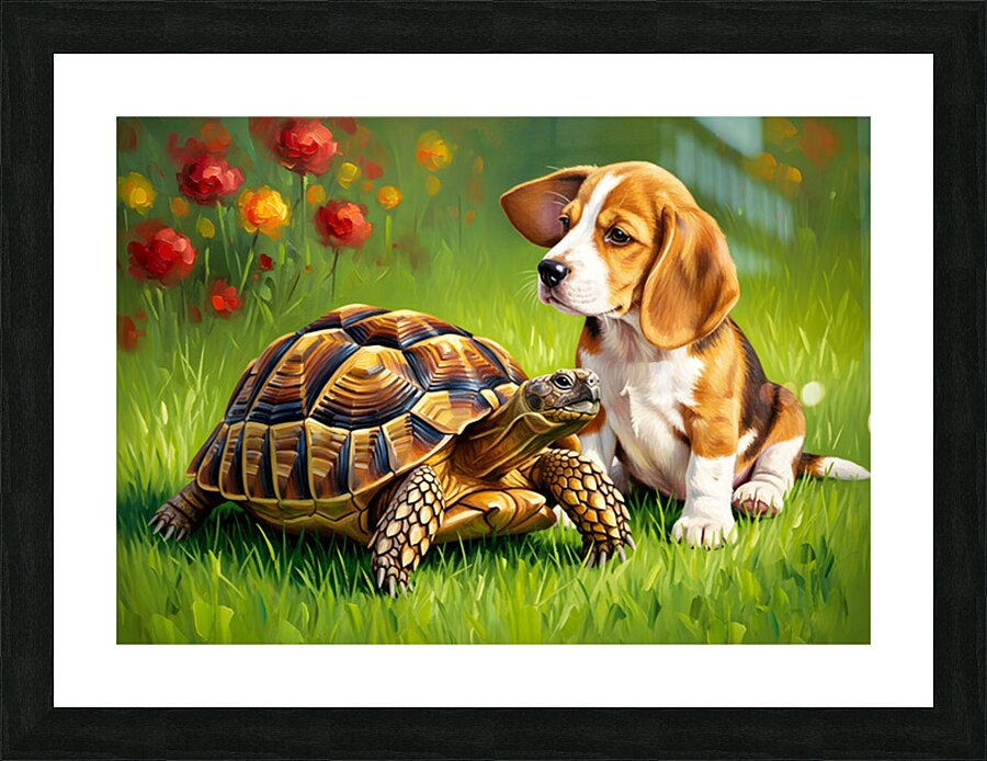Beagle Puppy Rests With New Tortoise Friend Picture Frame print