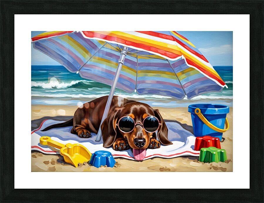 Proud Dachshund Puppy Shows Off Completed Sandcastle Picture Frame print