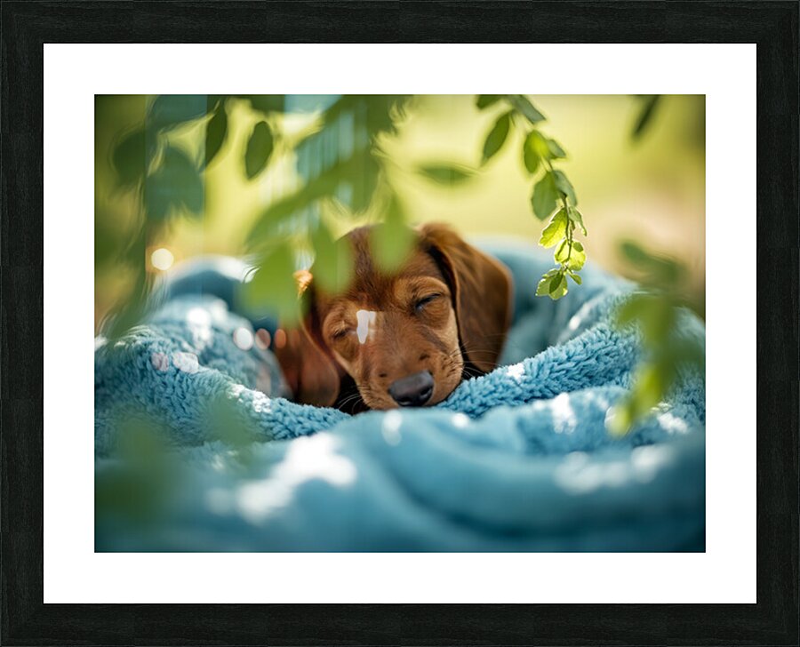 Peaceful Dachshund Puppy Sleeps In Basket Bed Picture Frame print