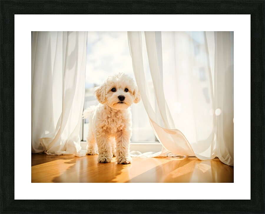 Poodle Puppy Peeking Behind Burgundy Curtains Picture Frame print