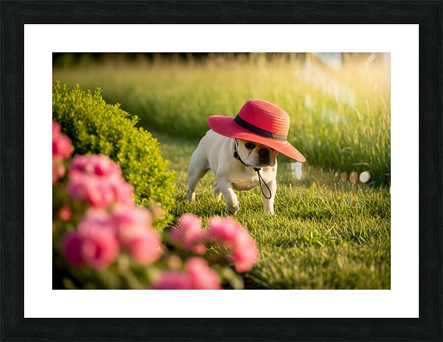 French Bulldog Puppy Discovers A Big Red Hat Picture Frame print