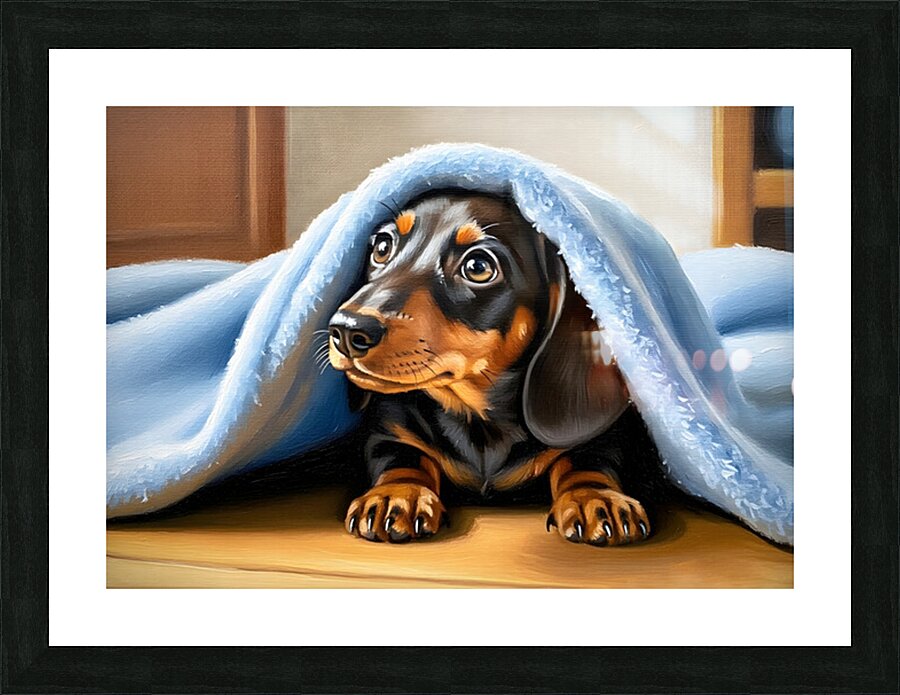 Dachshund Puppy Finds Perfect Hiding Spot Under Blanket Picture Frame print
