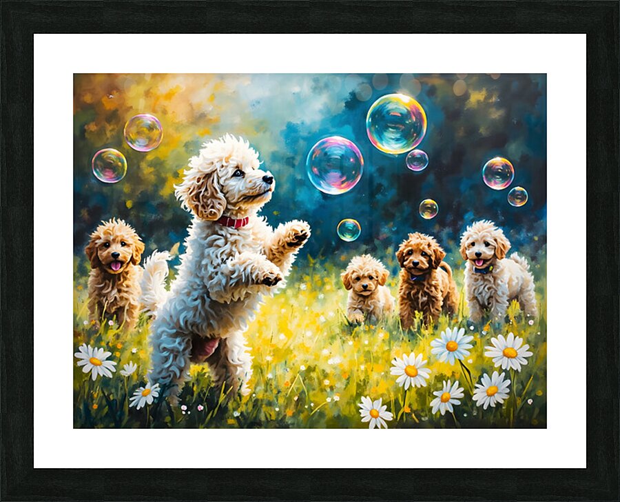 Poodle Puppy Discovers Magical Floating Bubbles Picture Frame print