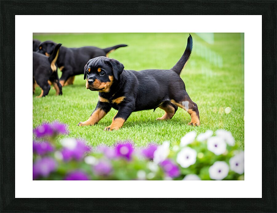 Rottweiler Puppy Starts The Chase In Sunny Yard Picture Frame print