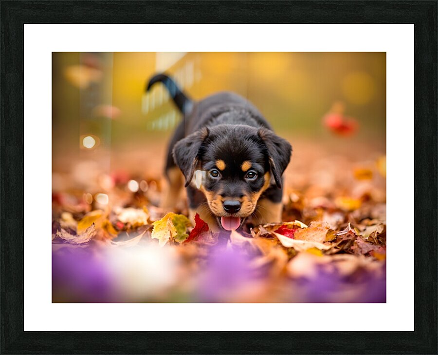 Rottweiler Puppy Discovers Autumn Leaf Pile Picture Frame print
