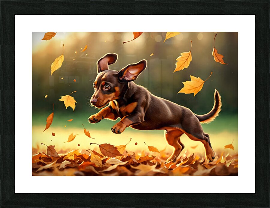Dachshund Puppy Discovers Autumn Leaf Pile Picture Frame print