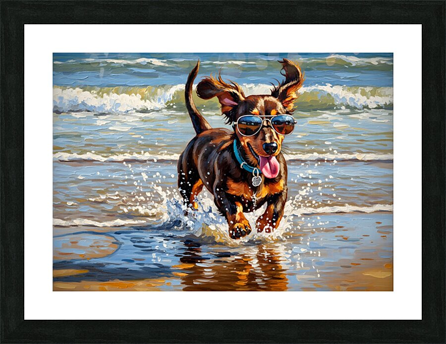 Dachshund Puppys Beach Adventure Begins With Cool Sunglasses Picture Frame print