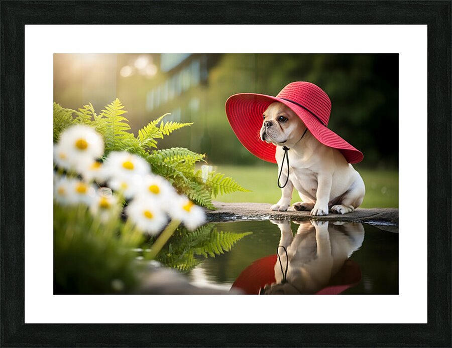Happy French Bulldog Puppy Rests In Shade Under His Hat Picture Frame print
