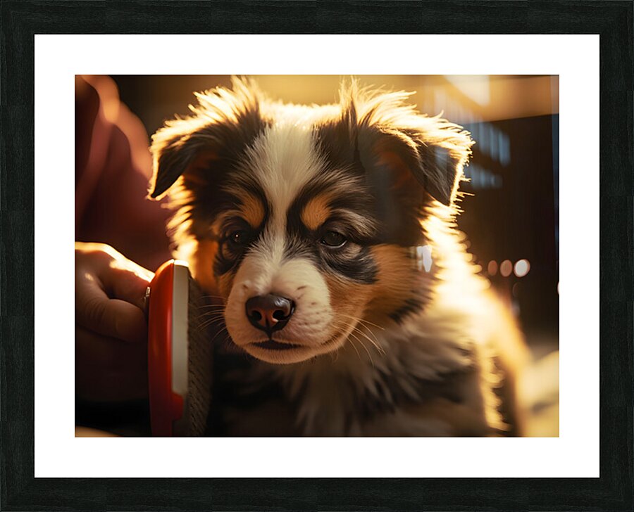 Australian Shepherd Puppys First Brush Encounter Picture Frame print