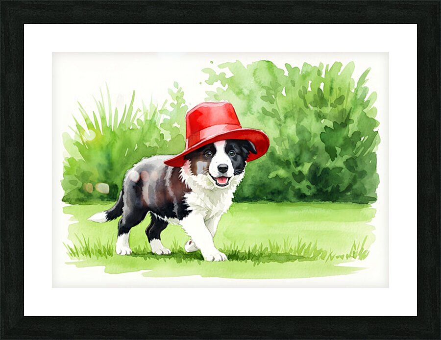 Border Collie Puppy Discovers A Big Red Hat Picture Frame print