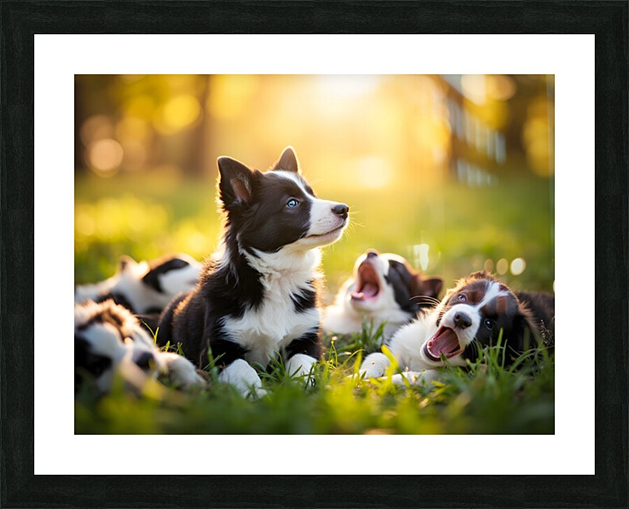 Sleepy Border Collie Puppy Finally Rests With Pack Picture Frame print