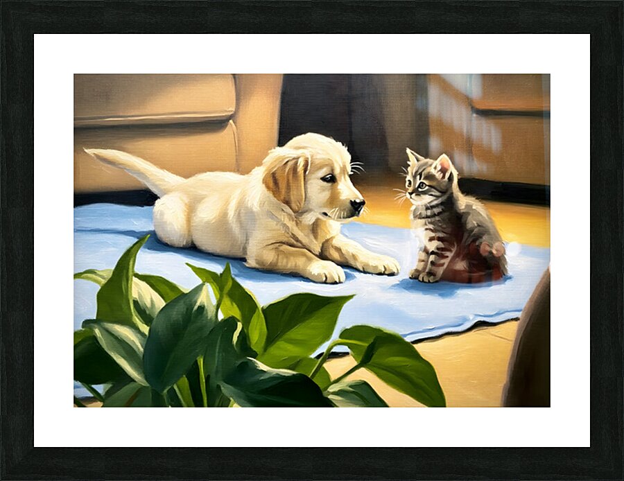 Golden Retriever Puppy Meets New Kitten Friend Picture Frame print