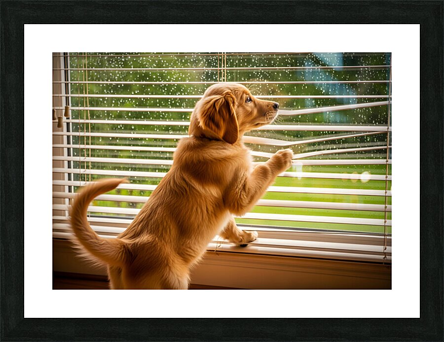 Golden Retriever Puppy Watches Rain Through Window Picture Frame print