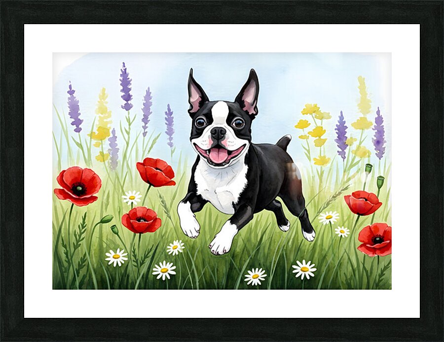Boston Terrier Puppy Discovers Wildflower Meadow Picture Frame print