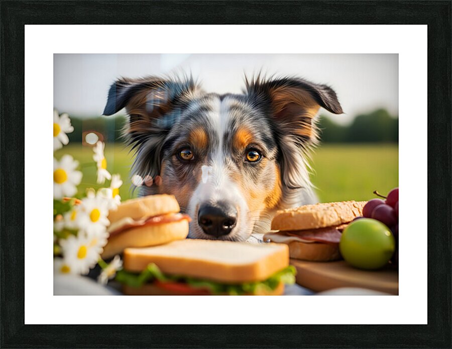 Australian Shepherd Puppy Discovers Picnic Spread Picture Frame print