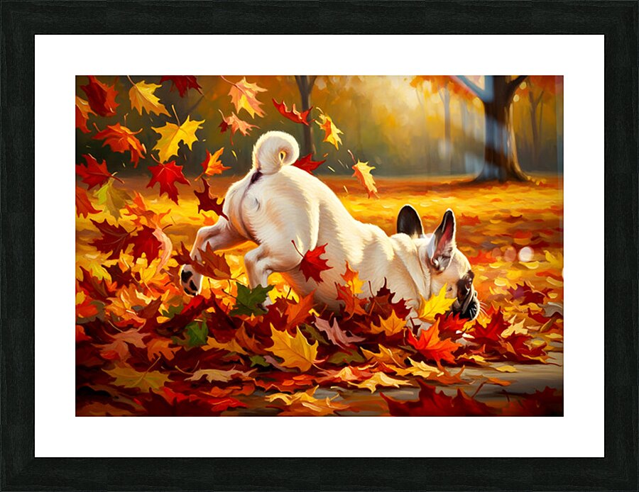 French Bulldog Puppy Discovers Autumn Leaf Pile Picture Frame print