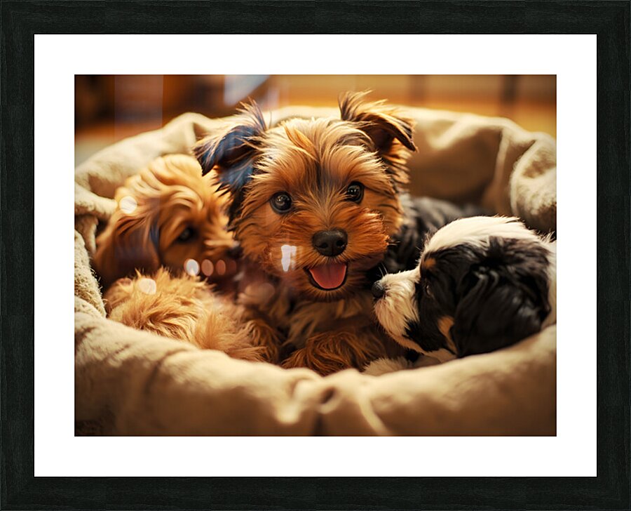 Yorkshire Terrier Puppy In Cozy Laundry Basket With Friends Picture Frame print