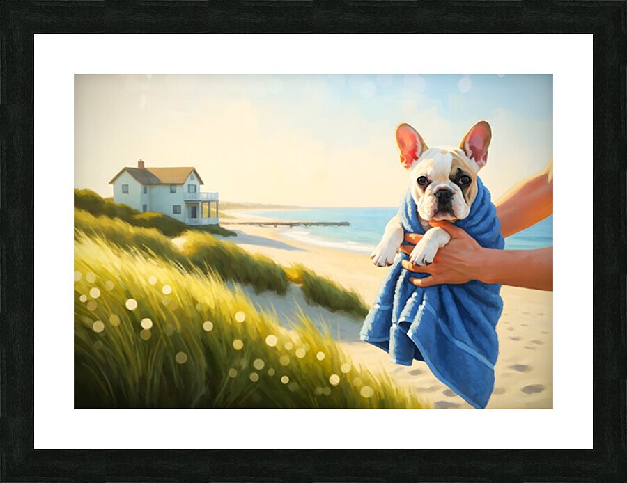 French Bulldog Puppy Wrapped In Beach Towel After Swimming Picture Frame print
