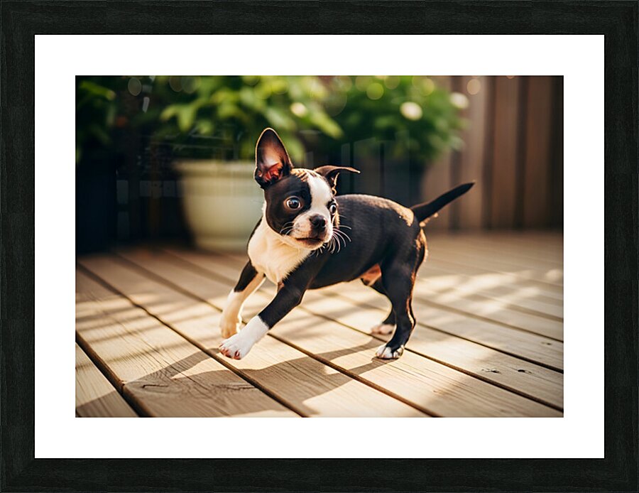 Boston Terrier Puppy Bouncing In Garden Picture Frame print