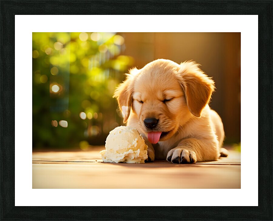 Golden Retriever Puppy Discovers Ice Cream Treat Picture Frame print