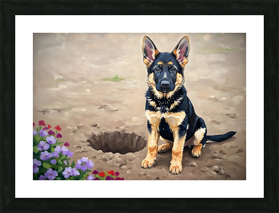 Proud German Shepherd Puppy Shows Off Digging Achievement Picture Frame print