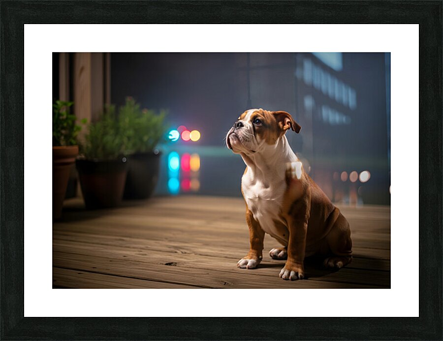 Bulldog Puppy Watches First Fireworks Display Picture Frame print