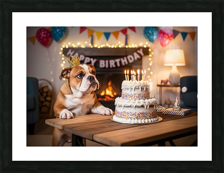 Bulldog Puppy With Golden Crown At Birthday Party Picture Frame print
