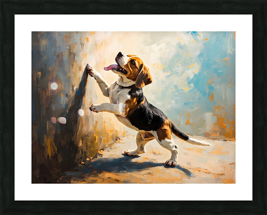 Beagle Puppy Discovers Dancing Wall Shadows Picture Frame print