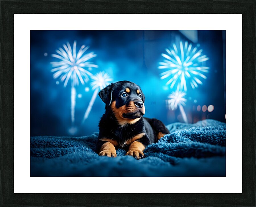 Rottweiler Puppy Completes Fireworks Adventure Picture Frame print