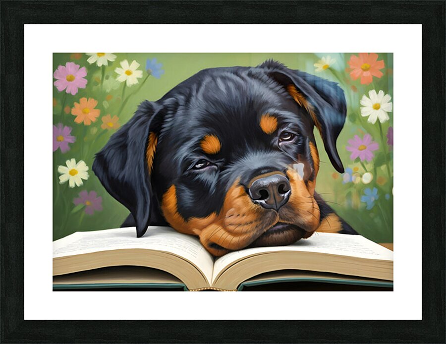 Sleepy Rottweiler Puppy Dreams Over Open Book Picture Frame print