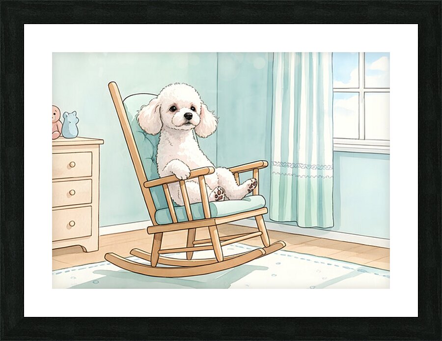 Poodle Puppy Finds Perfect Balance On Rocking Chair Picture Frame print