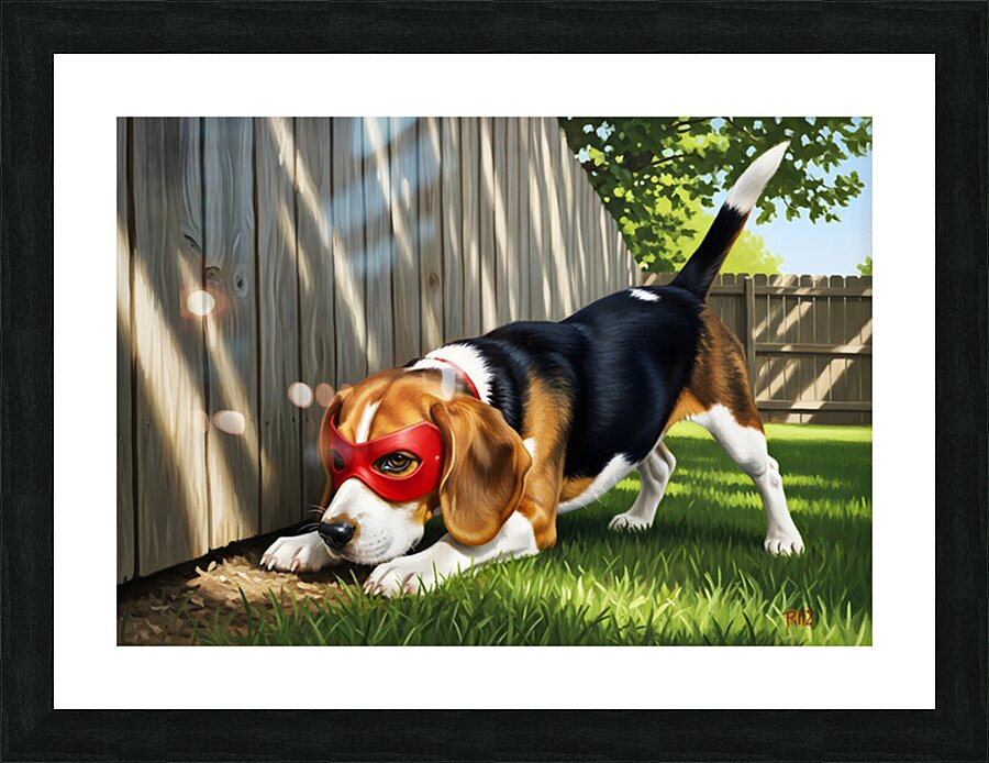 Beagle Puppy Discovers His Superhero Mask Picture Frame print