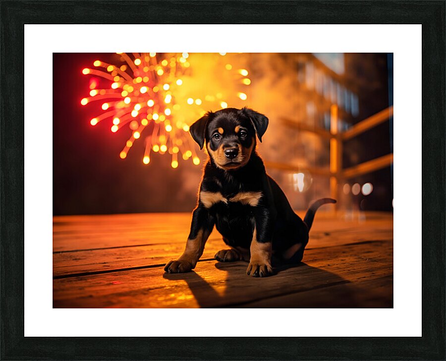 Rottweiler Puppy Watches First Fireworks Display Picture Frame print