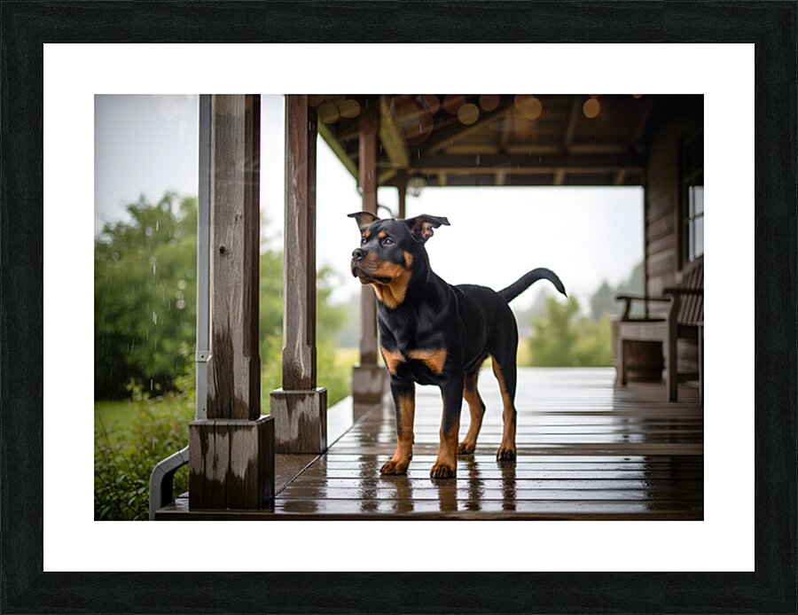 Joyful Rottweiler Puppy Wags Tail Under Porch Picture Frame print