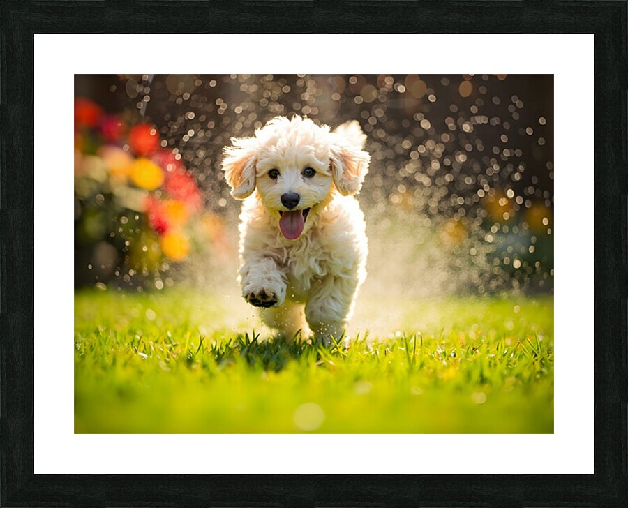 Poodle Puppy Discovers Garden Sprinkler Picture Frame print