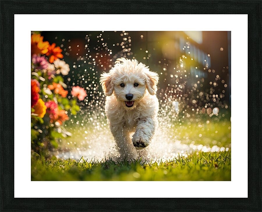 Tired Poodle Puppy Rests After Sprinkler Fun Picture Frame print