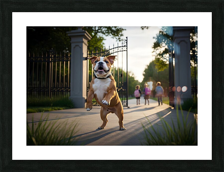 Bulldog Puppy Jumps With Joy At School Gate Picture Frame print