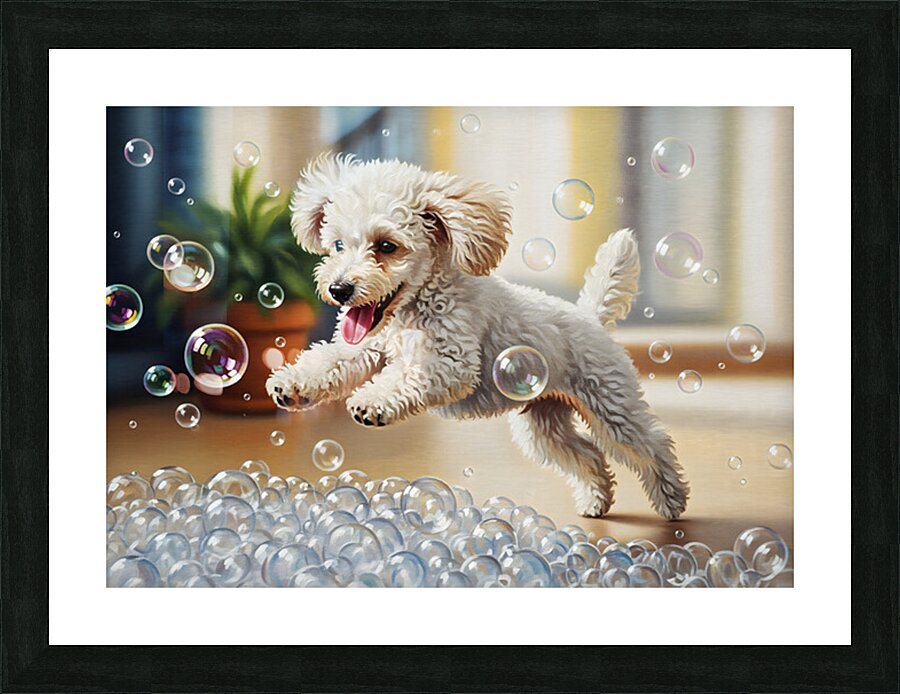 Poodle Puppy Discovers Bath Bubbles Picture Frame print