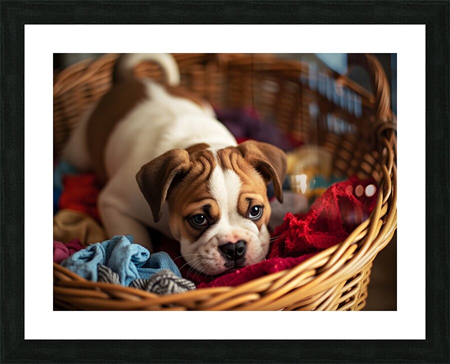 Bulldog Puppy Discovers The Laundry Basket Picture Frame print