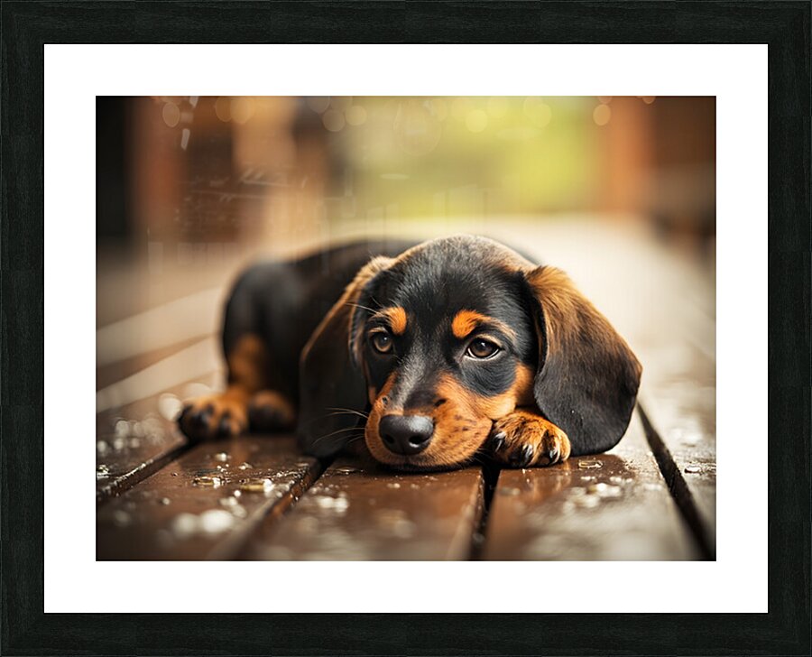 Happy Dachshund Puppy As Storm Clears With Rainbow Picture Frame print