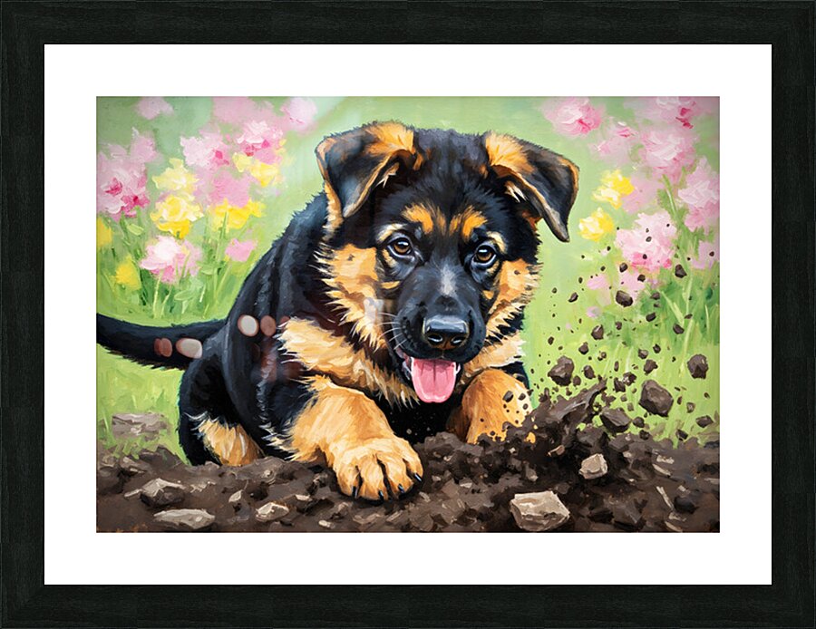 German Shepherd Puppy Discovers Perfect Digging Spot Picture Frame print