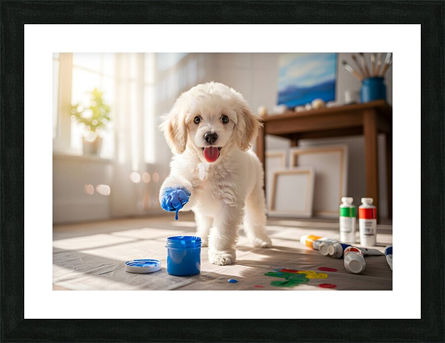 Poodle Puppy Discovers Colorful Paint Containers Picture Frame print