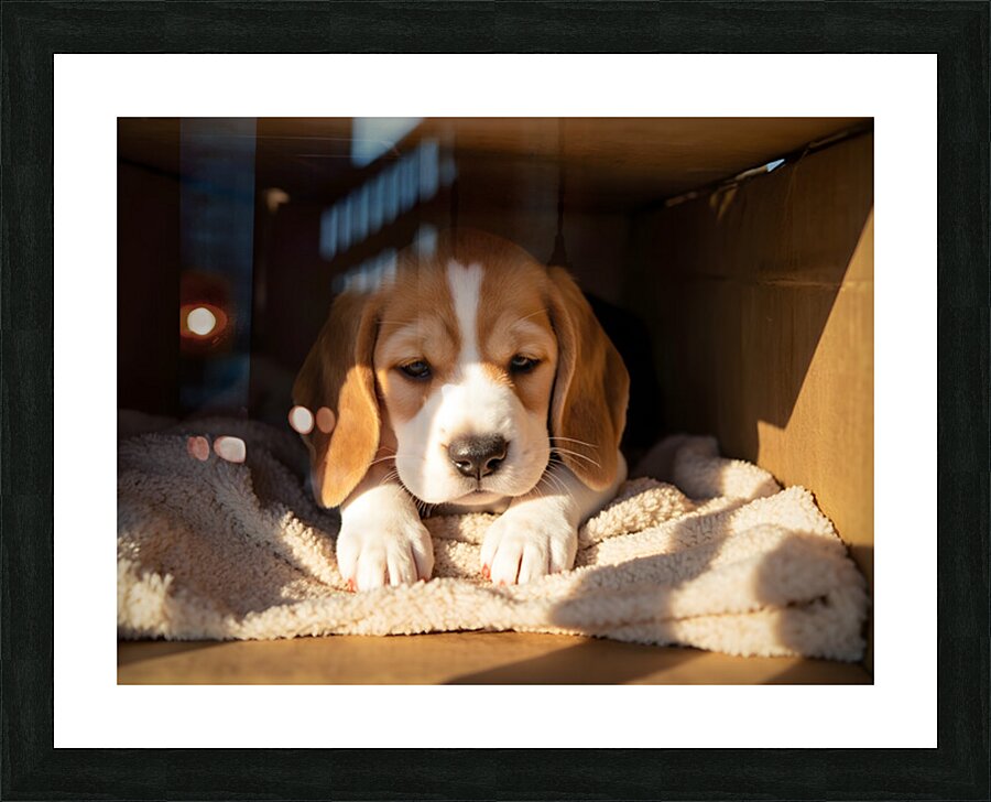Beagle Puppy Listens From Hidden Box Fort Picture Frame print