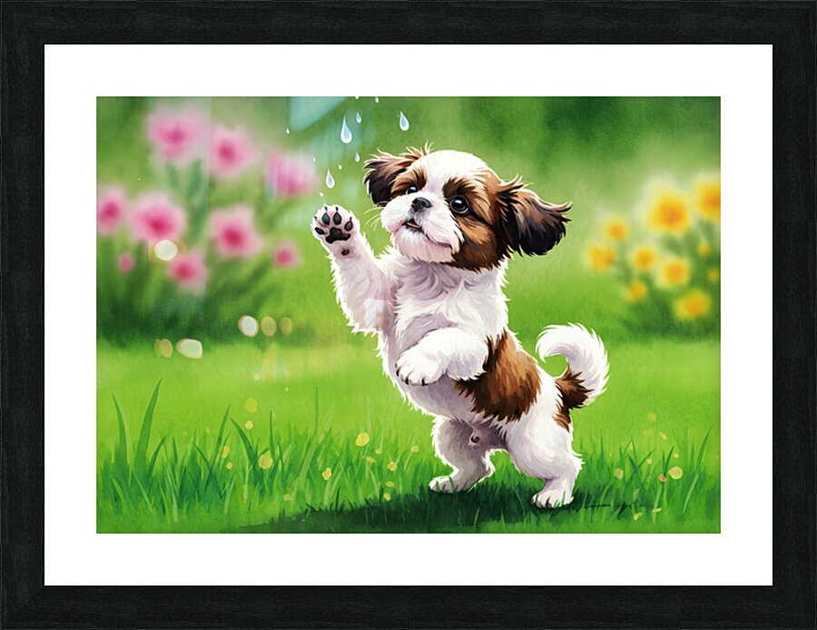 Shih Tzu Puppy Discovers Falling Raindrops In Garden Picture Frame print