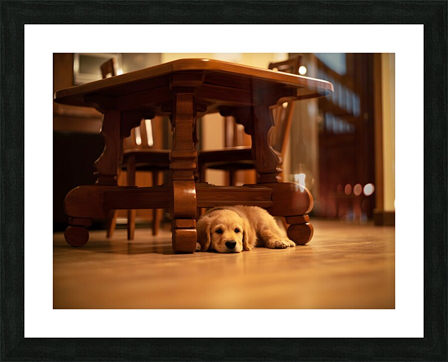 Curious Puppy Peeks From Behind Bookshelf Picture Frame print
