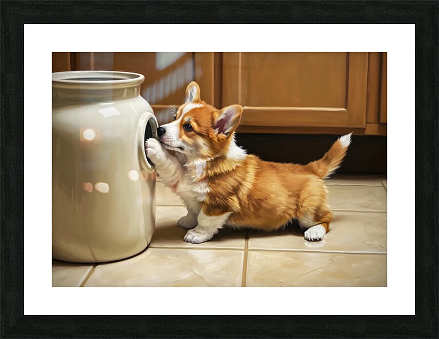 Corgi Puppy Gets Stuck In Cookie Jar Picture Frame print