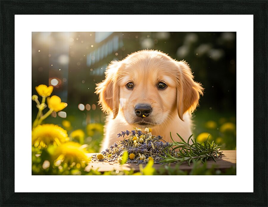 Golden Retriever Puppy Discovers Herb Pile Picture Frame print