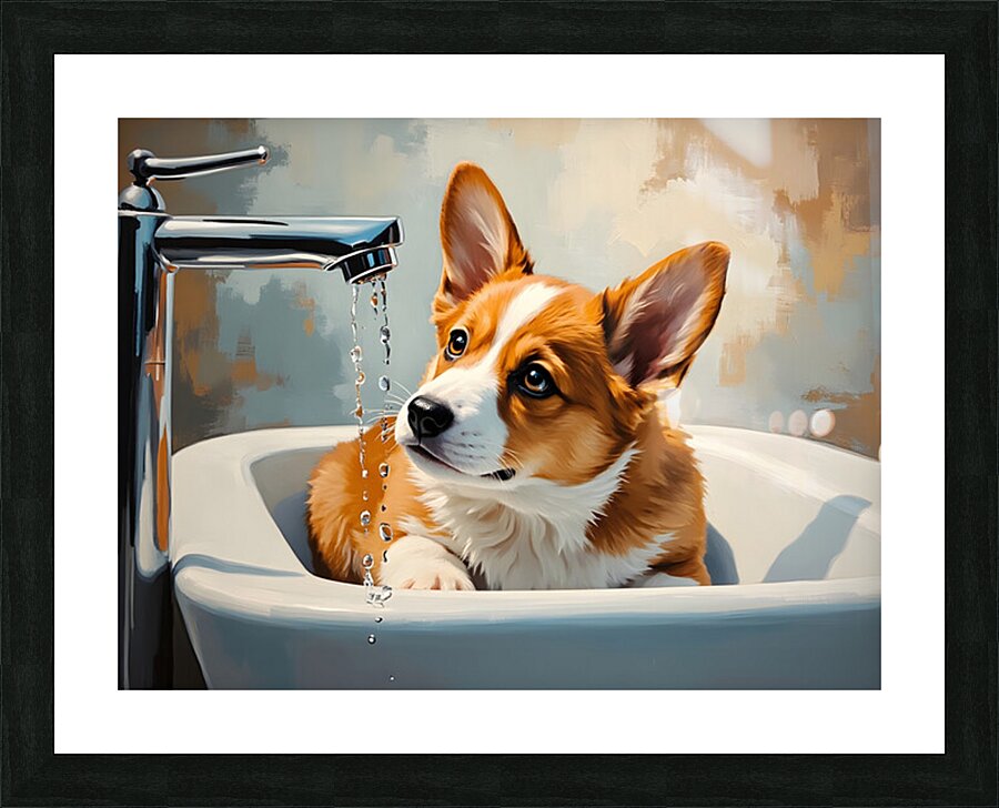 Nervous Corgi Puppy Waits In Bathroom Sink Picture Frame print