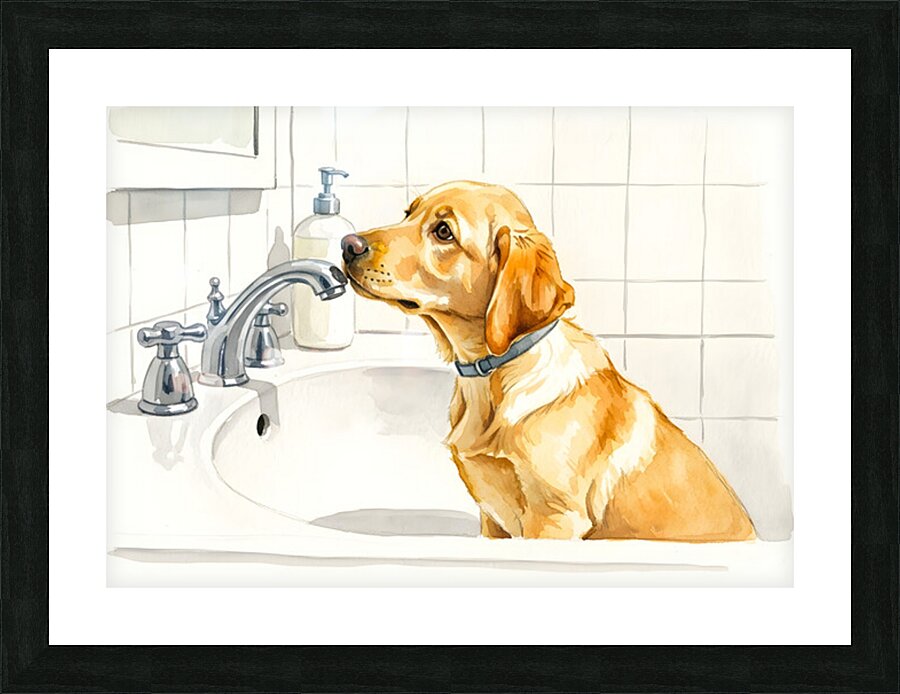 Worried Puppy Waits In Bathroom Sink Picture Frame print