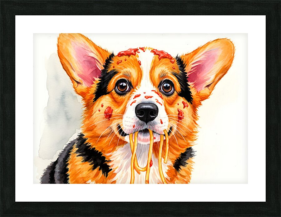 Satisfied Corgi Puppy After Spaghetti Meal Picture Frame print
